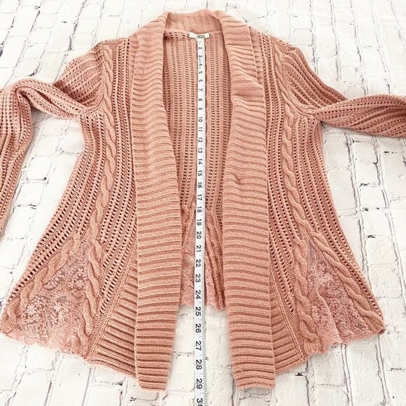 Garnet Hill Dusty Pink Knit Open Front Cardigan with Lace Panels Cashmere Blend - Picture 12 of 14